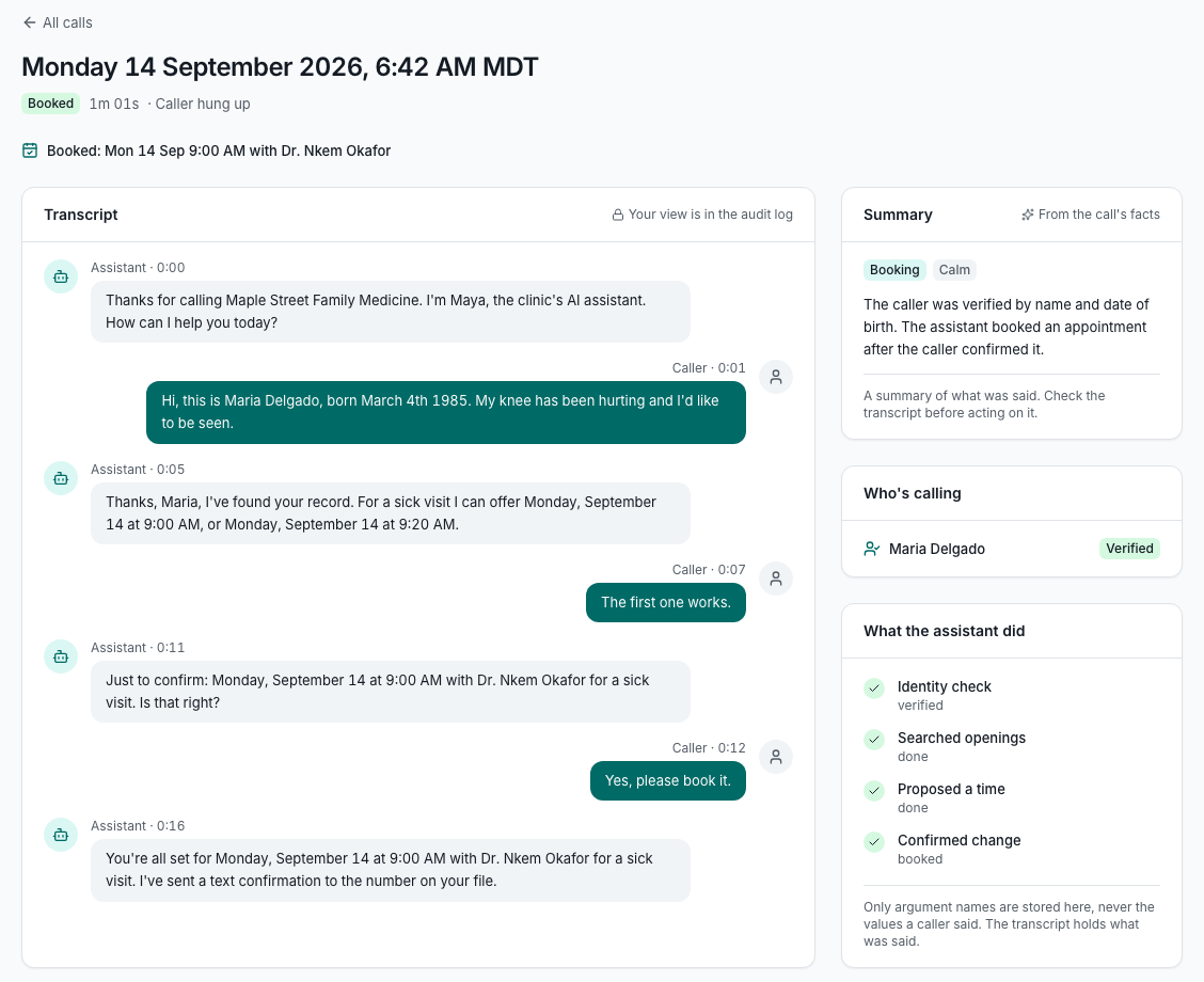 One booking call in the Attendra dashboard: the transcript, the read-back, the clear yes, the summary and every tool step