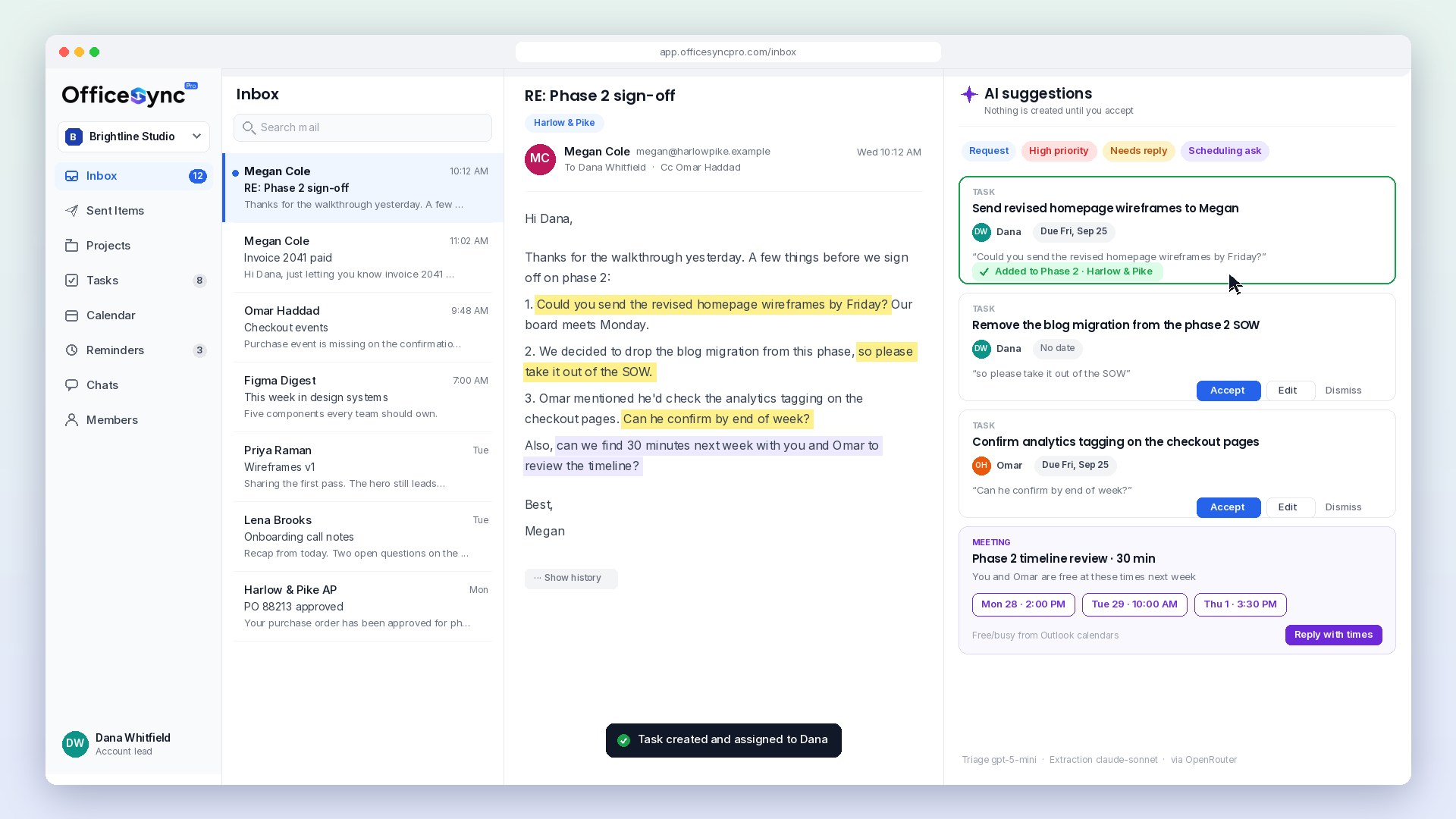 OfficeSyncPro AI suggestions panel beside a client email